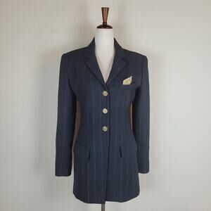 VTG Rickie Freeman Teri John Blazer Jacket 2 Black Wool Pinstripes Gold Longline